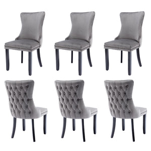 6x Velvet Upholstered Dining Chairs | Tufted Wingback Side Chair | Studs Trim | Solid Wood Legs | Kitchen