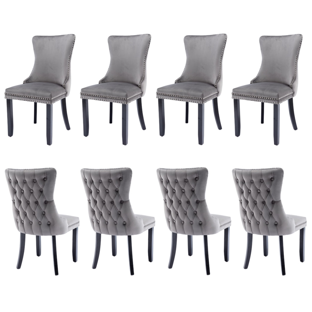 8x Velvet Upholstered Dining Chairs | Tufted Wingback Side Chair | Studs Trim | Solid Wood Legs | Kitchen