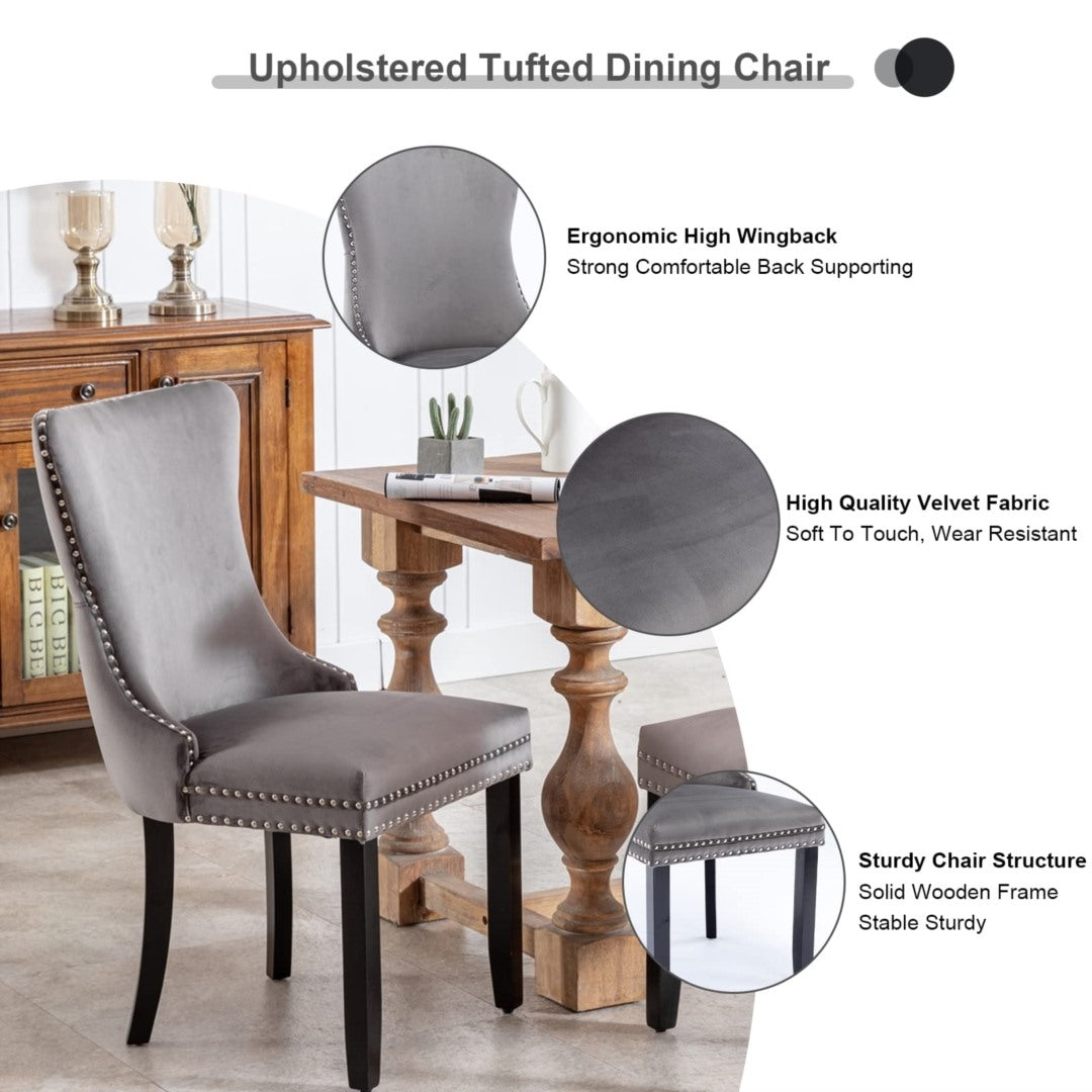 8x Velvet Upholstered Dining Chairs | Tufted Wingback Side Chair | Studs Trim | Solid Wood Legs | Kitchen