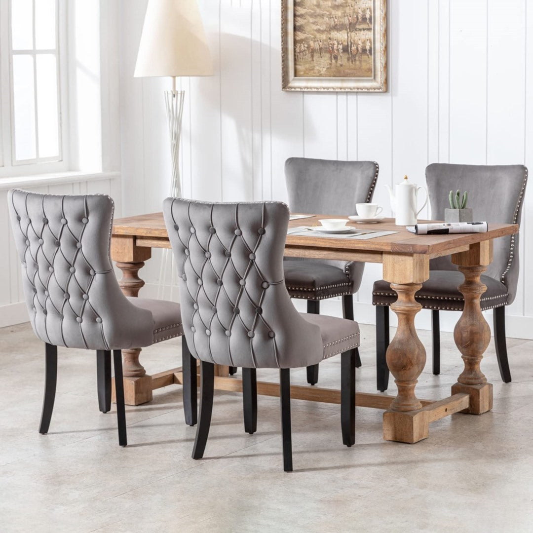 8x Velvet Upholstered Dining Chairs | Tufted Wingback Side Chair | Studs Trim | Solid Wood Legs | Kitchen