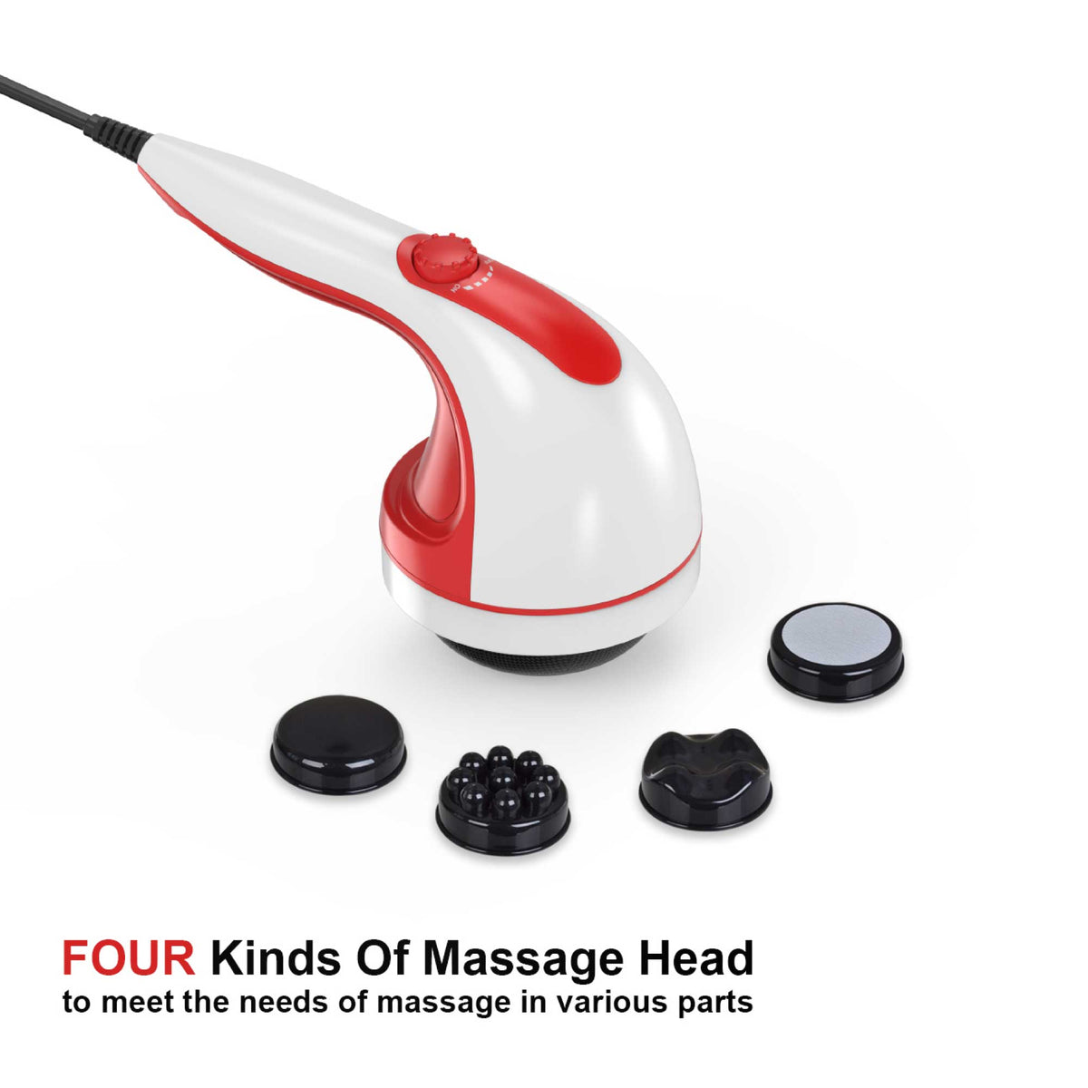 Handheld Vibration Massager Red | 4 Interchangeable Heads | Adjustable Speed