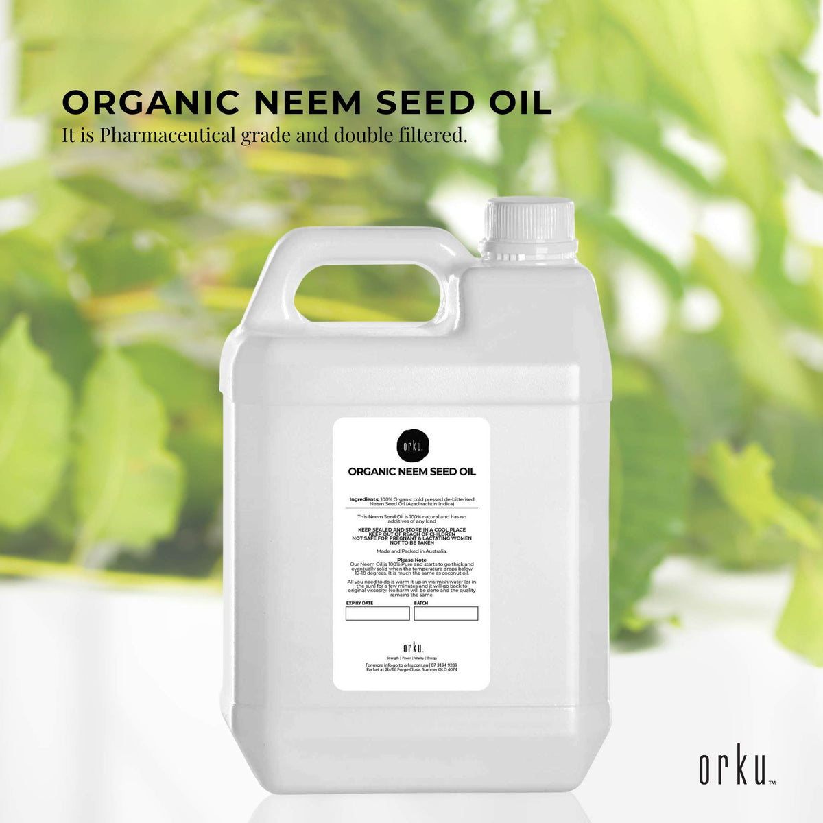 Orku 5L Organic Neem Seed Oil | Debitterised | Cold Pressed Azadirachtin Indica