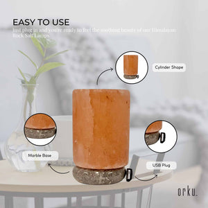 USB Himalayan Salt Lamp | Cylinder Carved Shape, Pink Crystal Rock LED Light