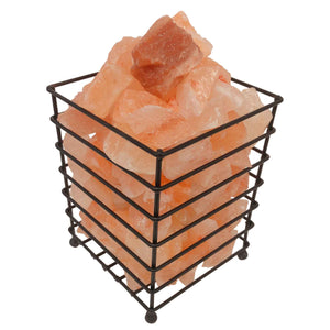 12V 12W Rectangle Iron Basket Himalayan Pink Salt Lamp | Rock Crystal Bulb On/Off