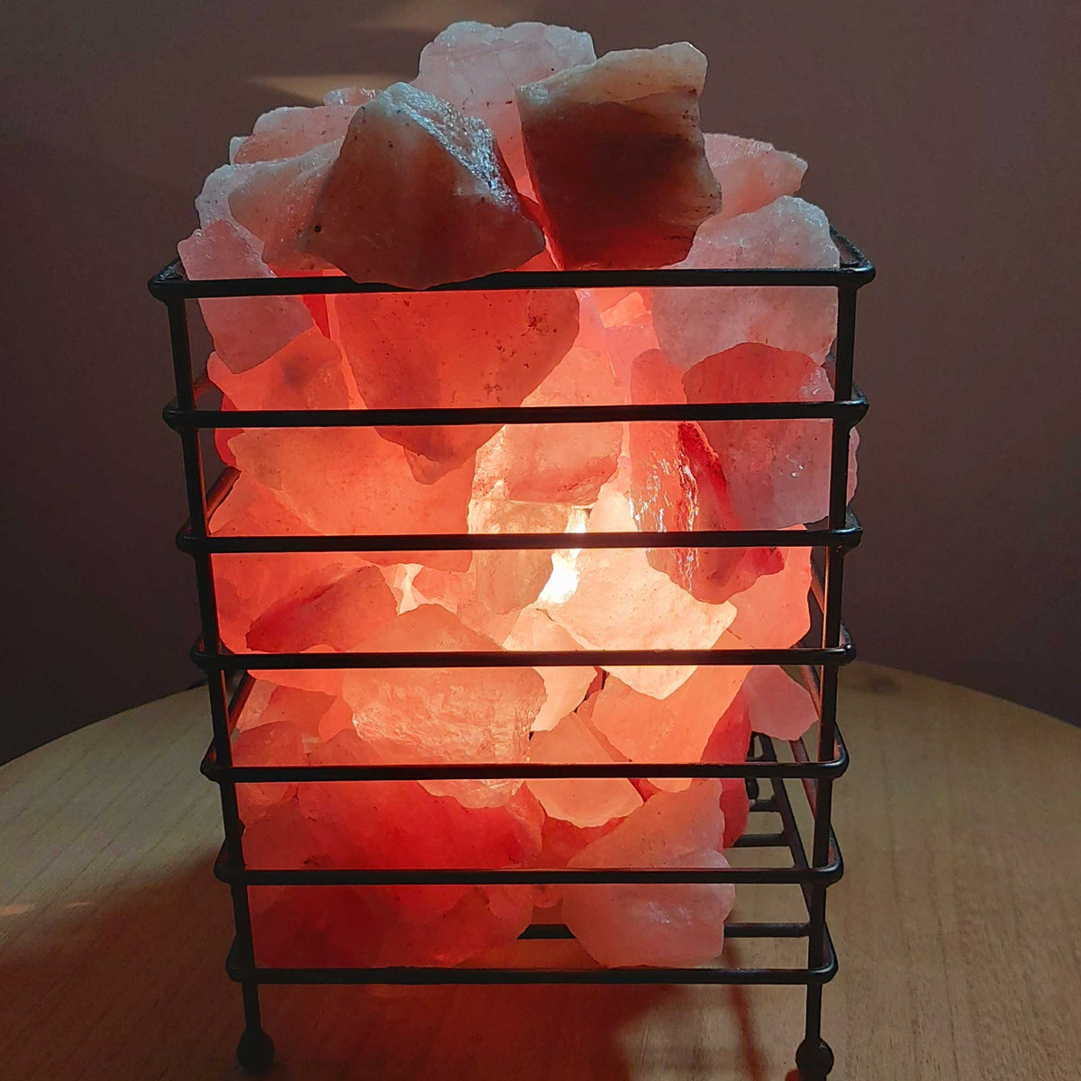 12V 12W Rectangle Iron Basket Himalayan Pink Salt Lamp | Rock Crystal Bulb On/Off