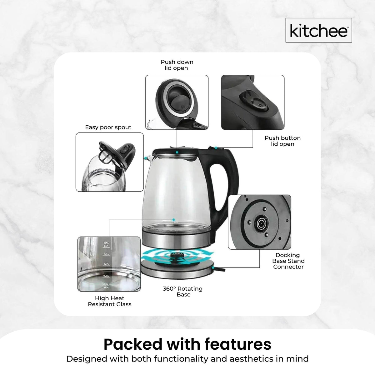 1.7L Electric Glass Kettle | LED Blue Light, 360° Automatic Cordless Boiling Jug