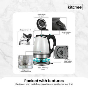 1.7L Electric Glass Kettle | LED Blue Light, 360° Automatic Cordless Boiling Jug