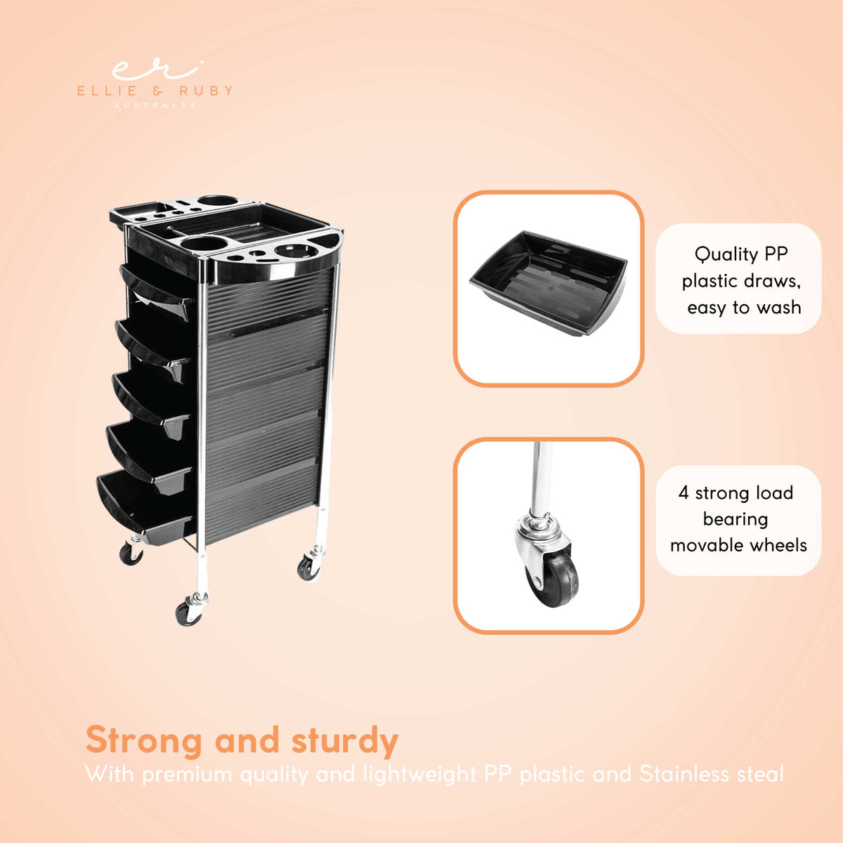 5-Drawer Hairdressing Trolley | Black | 90x30x36cm | Salon Beauty Rolling Cart