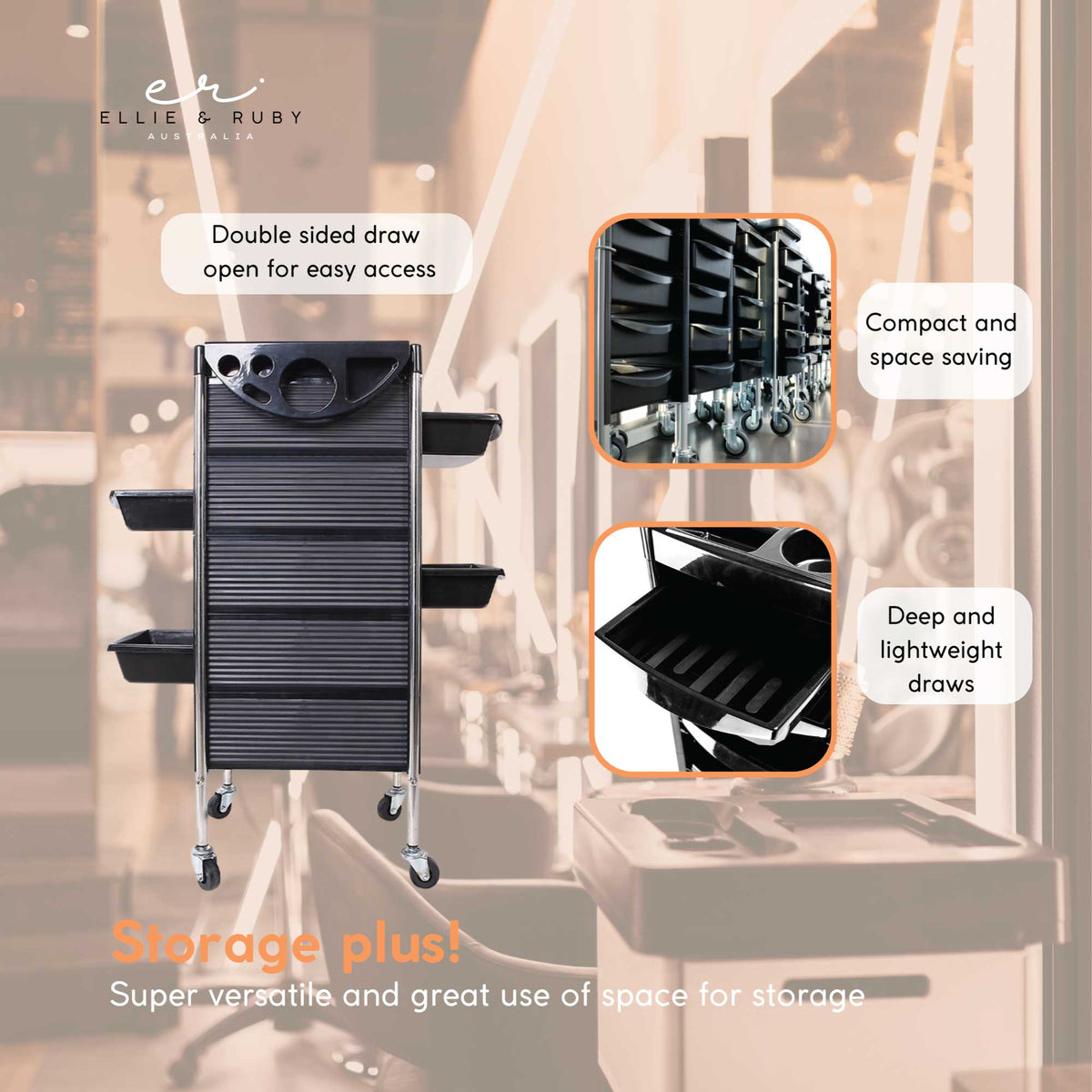 5-Drawer Hairdressing Trolley | Black | 90x30x36cm | Salon Beauty Rolling Cart