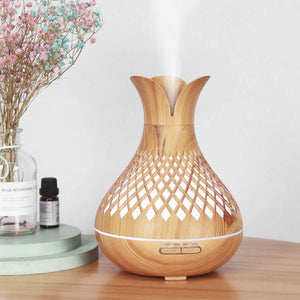 Essential Oil Aroma Diffuser and Remote | 500ml | Vase Flower Wood Mist Humidifier