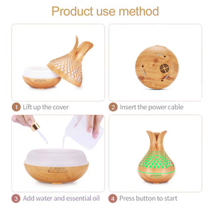 Essential Oil Aroma Diffuser and Remote | 500ml | Vase Flower Wood Mist Humidifier