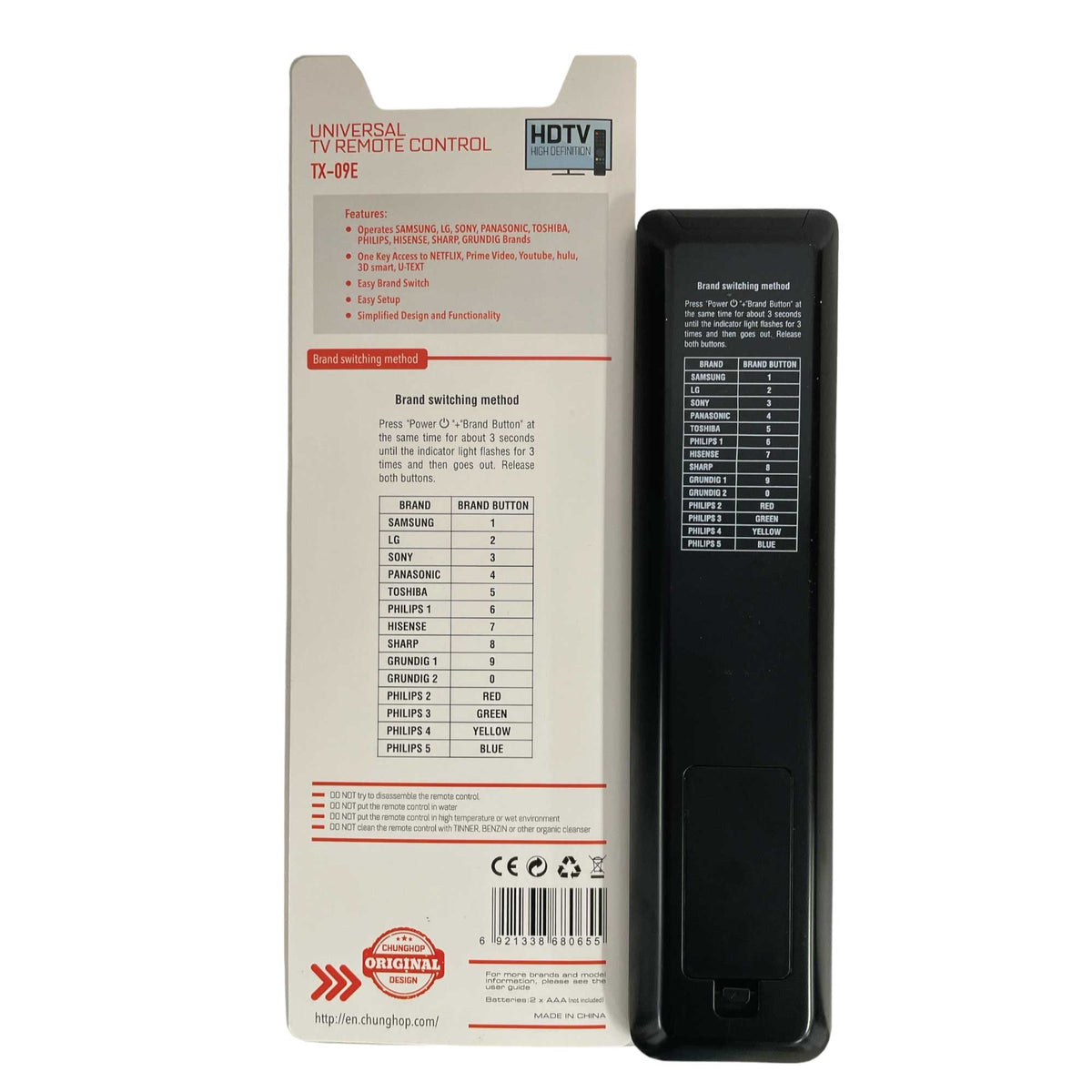 Universal TV Remote | Chunghop TX-09E-3D | Smart TVs HDTV LED LCD Compatible