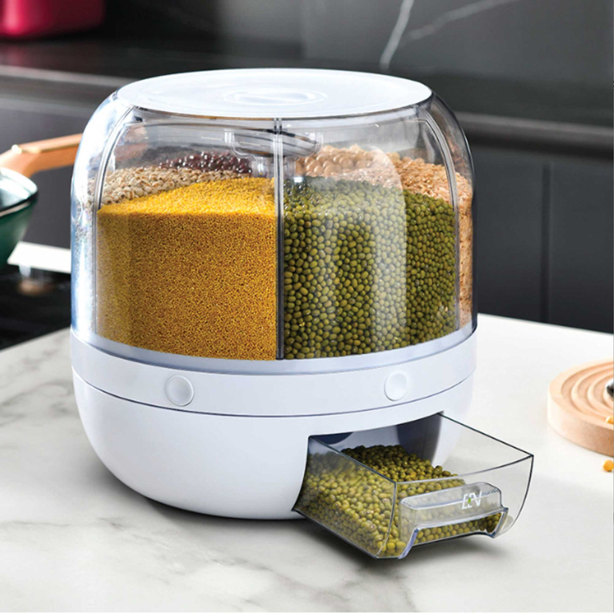 6-Grid Rotating Food & Grain Dispenser | 7.2L | Large Compartment Storage Container
