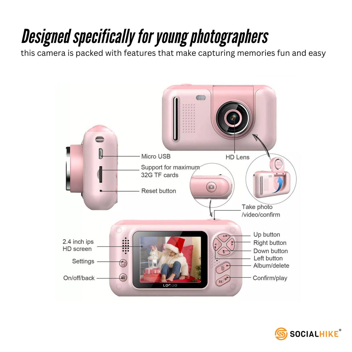 Kids HD Digital Camera | Pink | Children's Selfie & Video Camera | 2.4-Inch Screen | Educational Gift