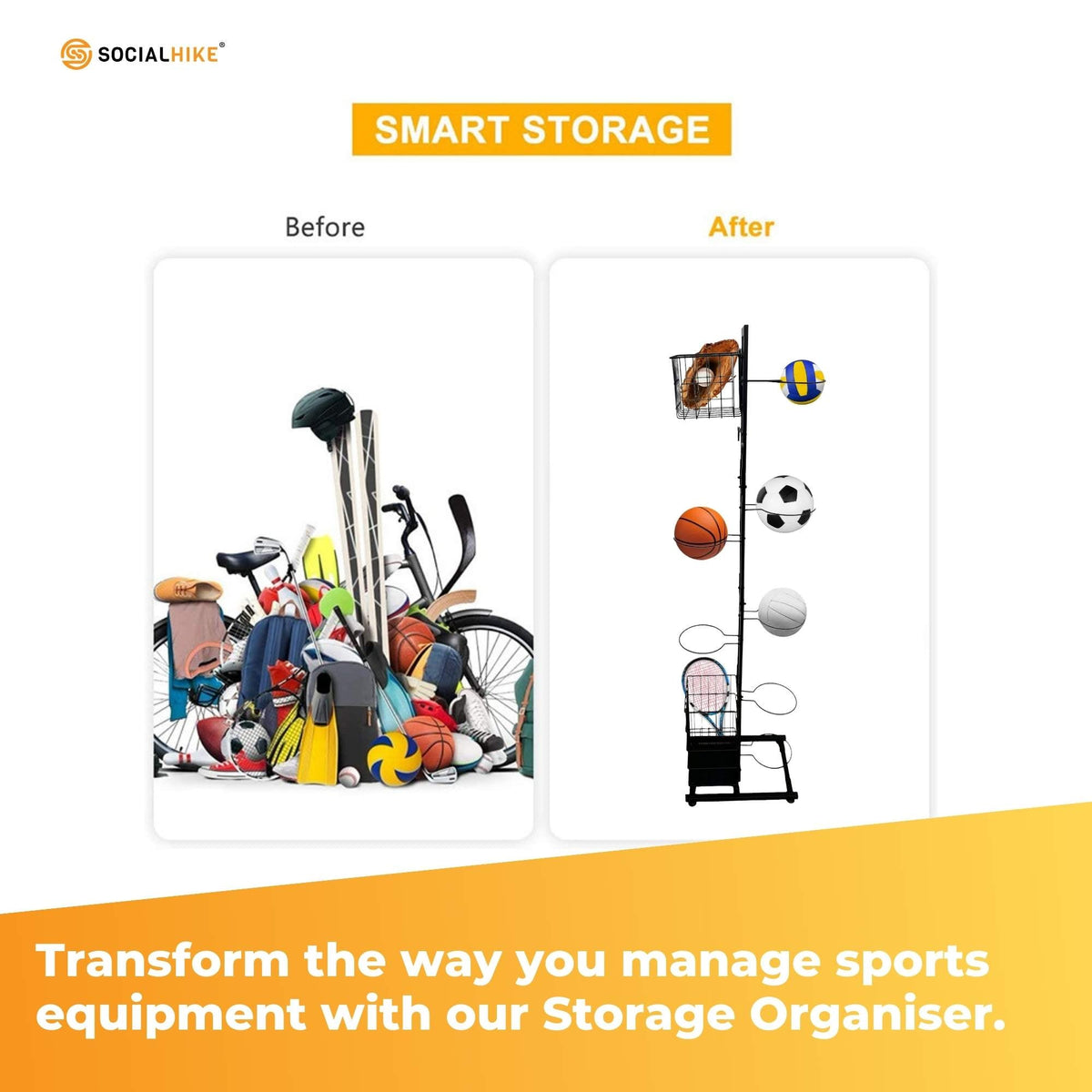 Sports Equipment Storage Rack | Vertical Ball Organizer | Basketball Garage Stand