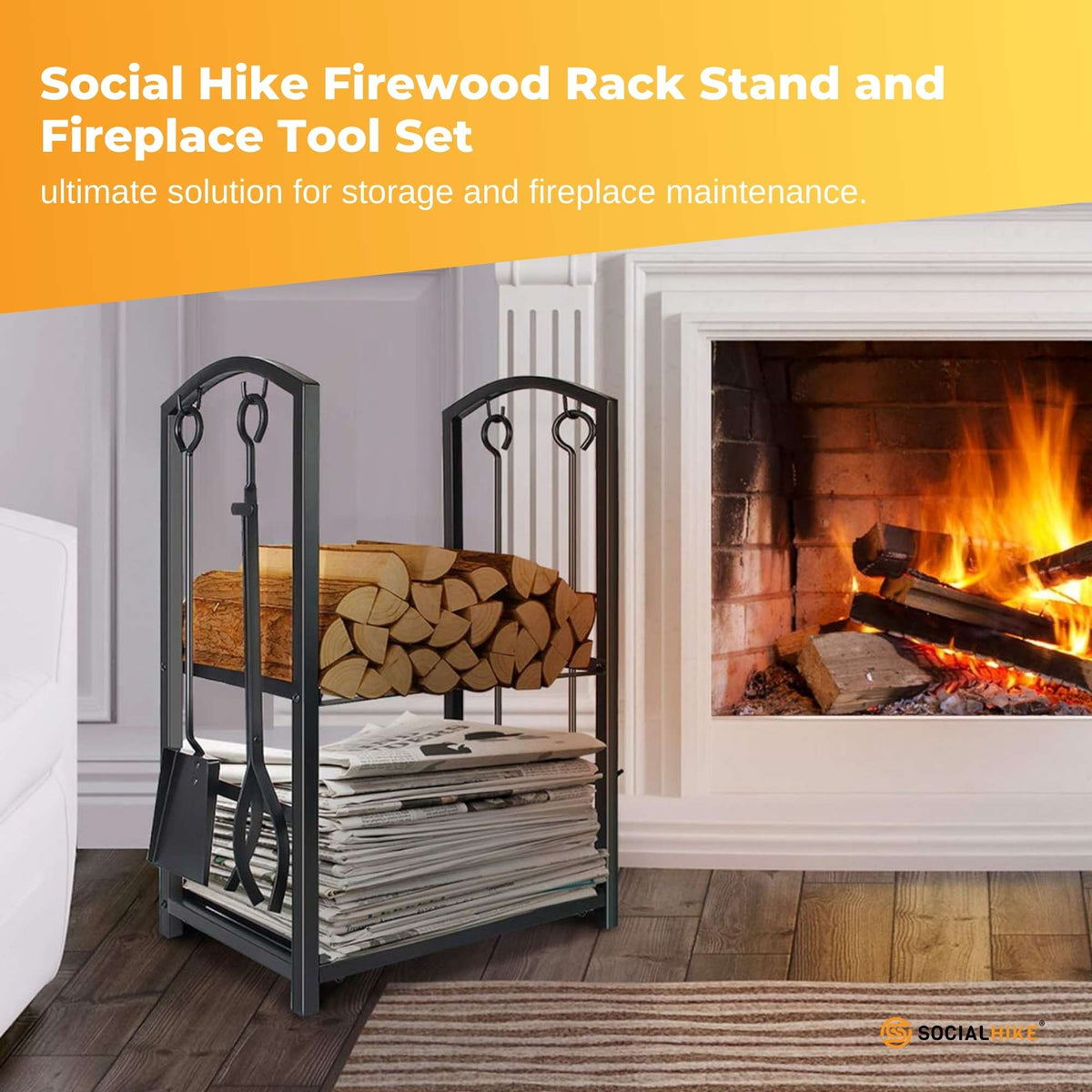 Social Hike Firewood Rack & Tool Set | Log Holder Storage | Fireplace Accessories