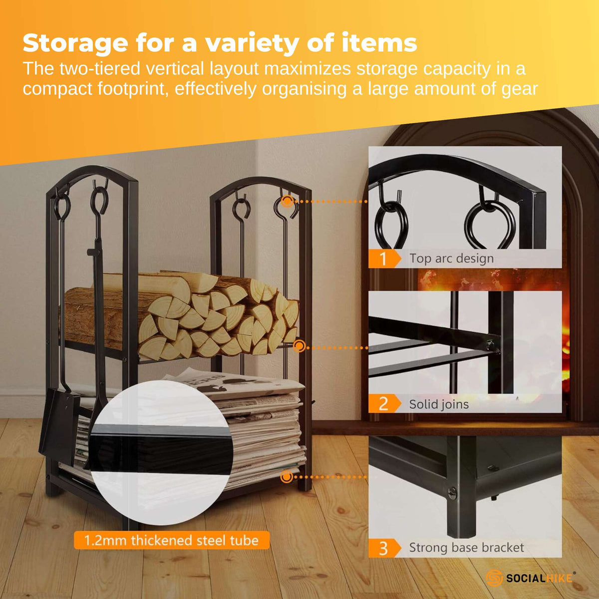 Social Hike Firewood Rack & Tool Set | Log Holder Storage | Fireplace Accessories