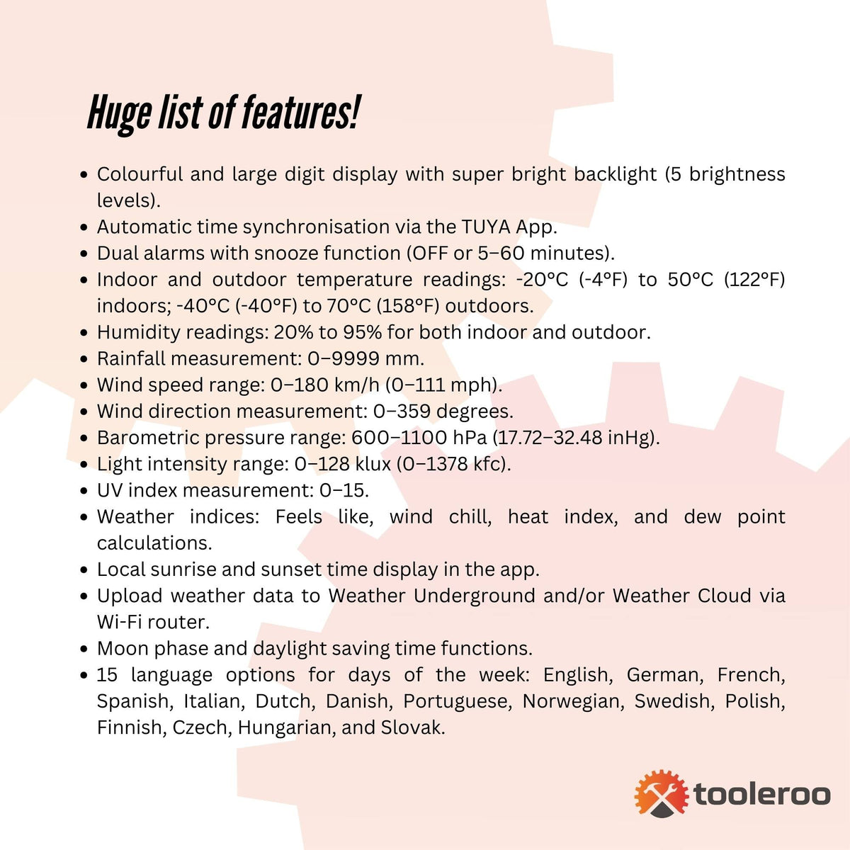 Tooleroo 7-in-1 Professional Weather Station | Home Forecast System | Outdoor Sensor