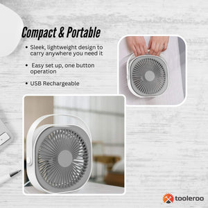 Desktop Fan | 20cm | 3-Speed | USB Rechargeable | Quiet & Lightweight Cooler