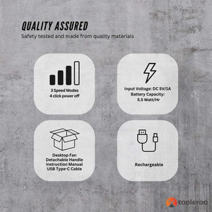 Desktop Fan | 20cm | 3-Speed | USB Rechargeable | Quiet & Lightweight Cooler