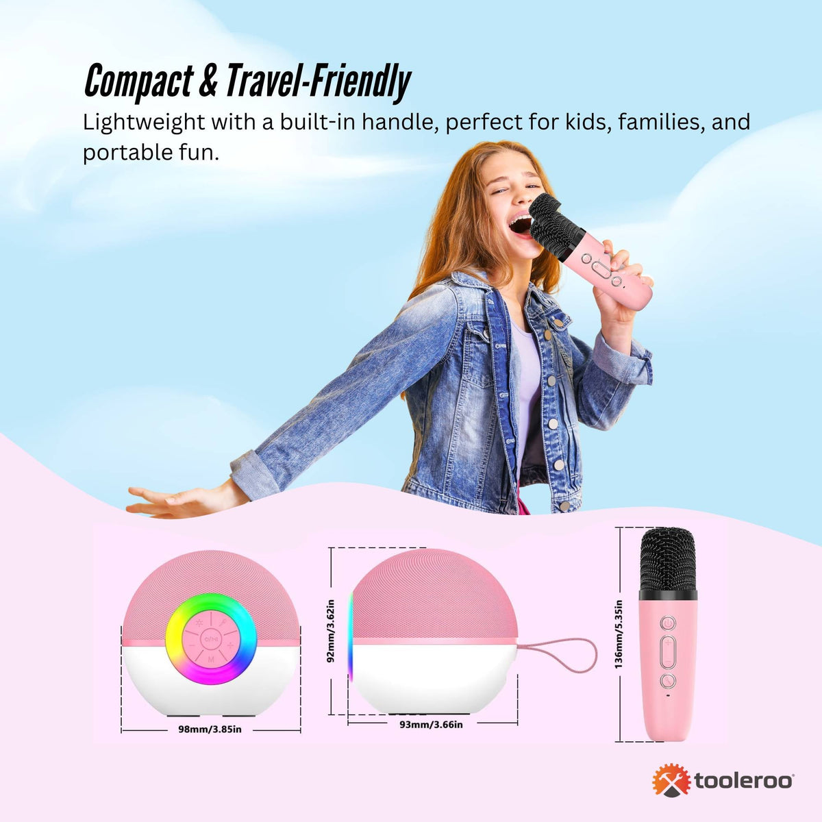 Mini Karaoke Machine Set | Bluetooth Speaker + 2 Wireless Microphones | Pink