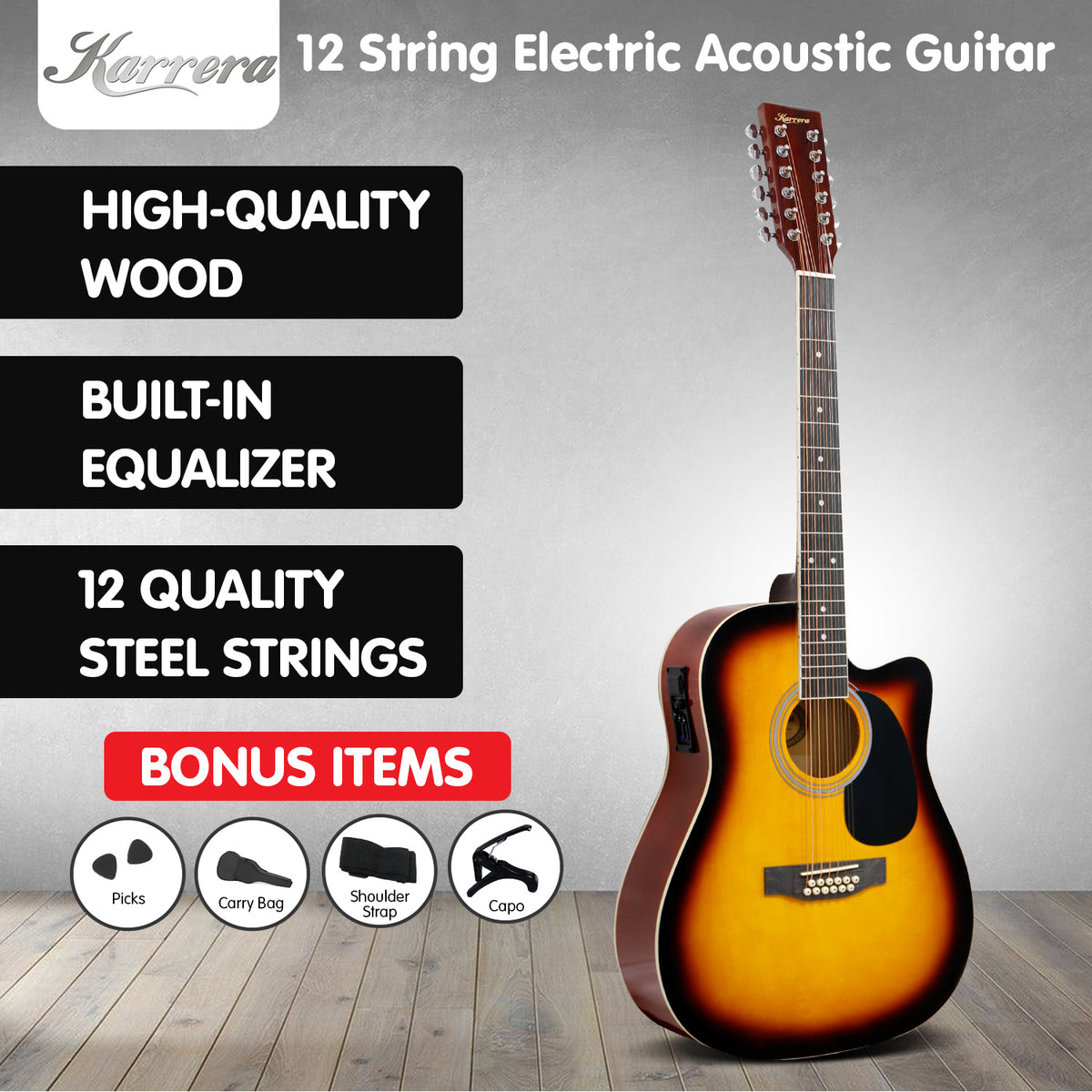 Karrera 12-String Acoustic Guitar with EQ | Sunburst | Rich & Harmonious Sound