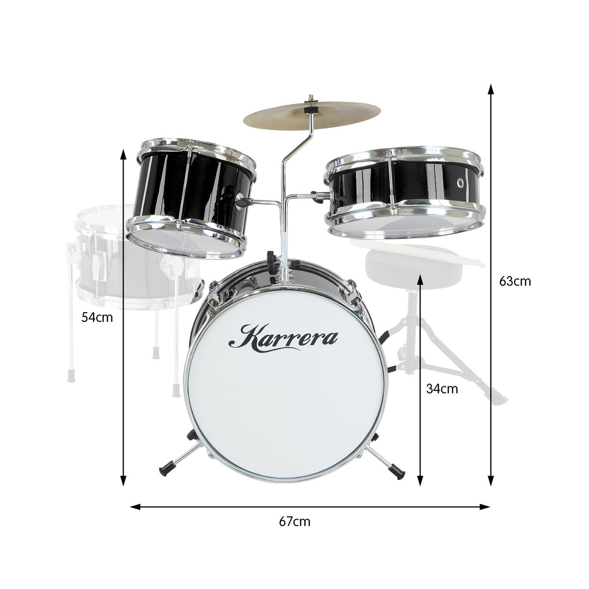 Karrera Children's 4-Piece Drum Kit | Black | Beginner-Friendly Percussion Set