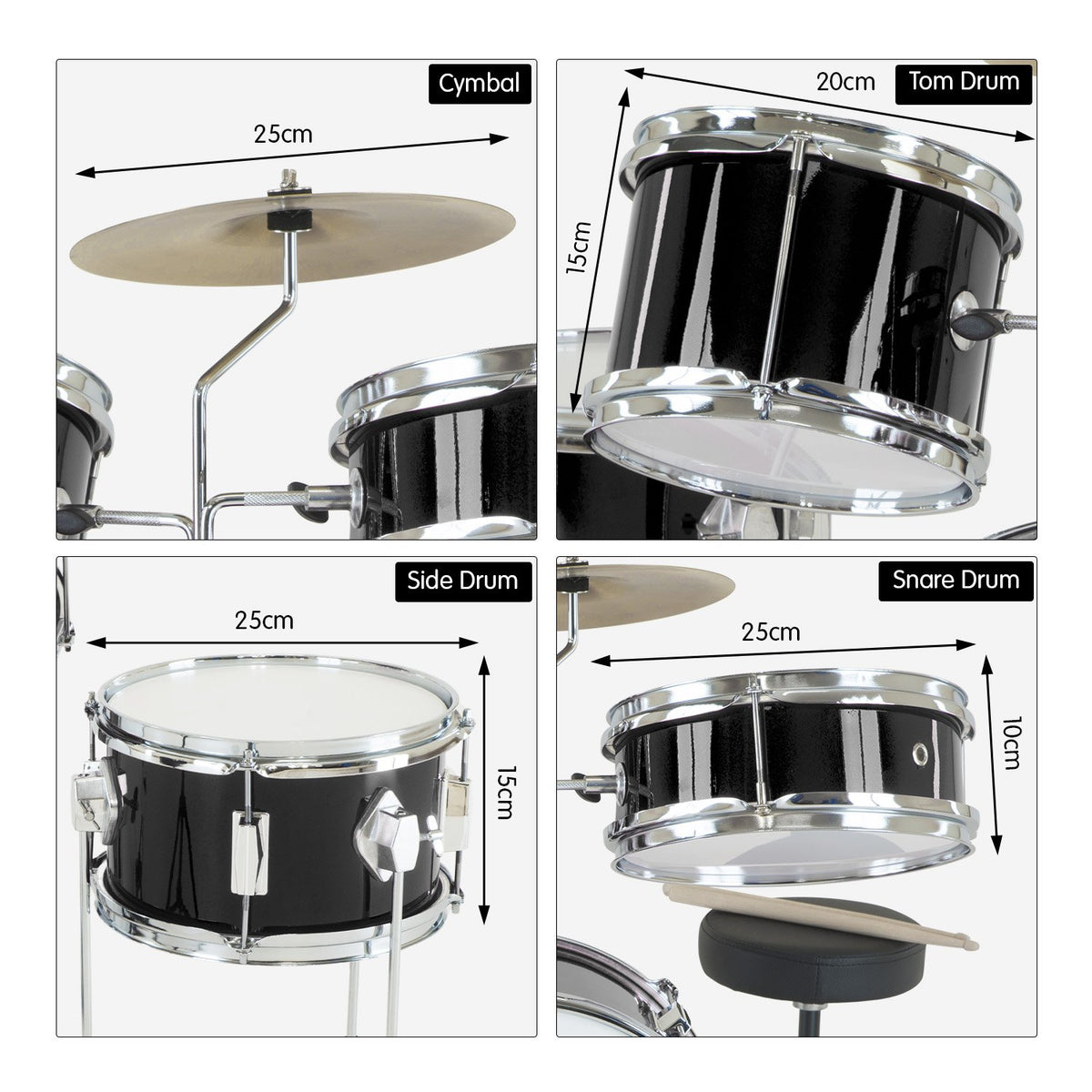 Karrera Children's 4-Piece Drum Kit | Black | Beginner-Friendly Percussion Set
