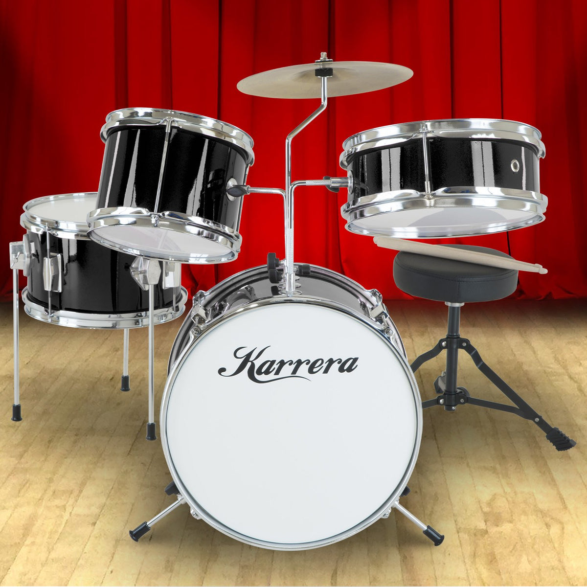 Karrera Children's 4-Piece Drum Kit | Black | Beginner-Friendly Percussion Set