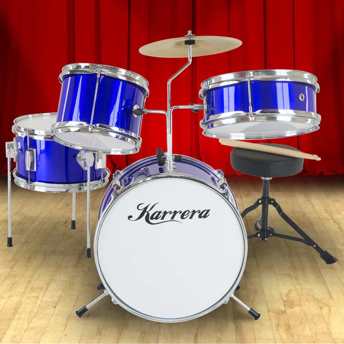 Karrera Children's 4-Piece Drum Kit | Blue | Compact Beginner Drum Set