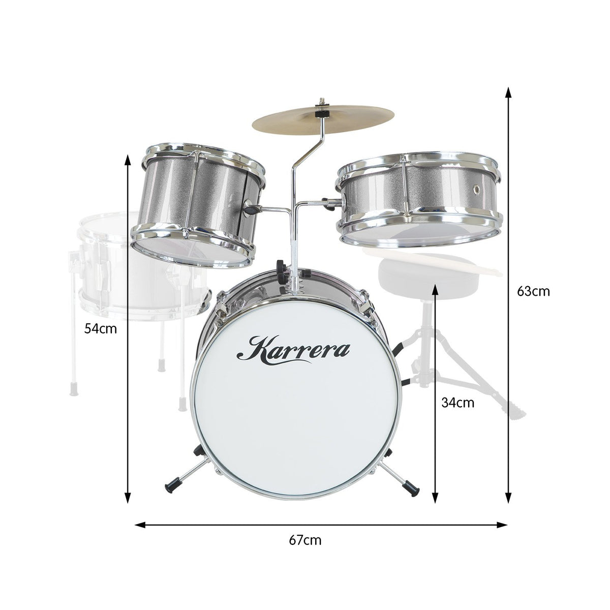 Karrera Children's 4-Piece Drum Kit | Silver | Kids Musical Instrument Set