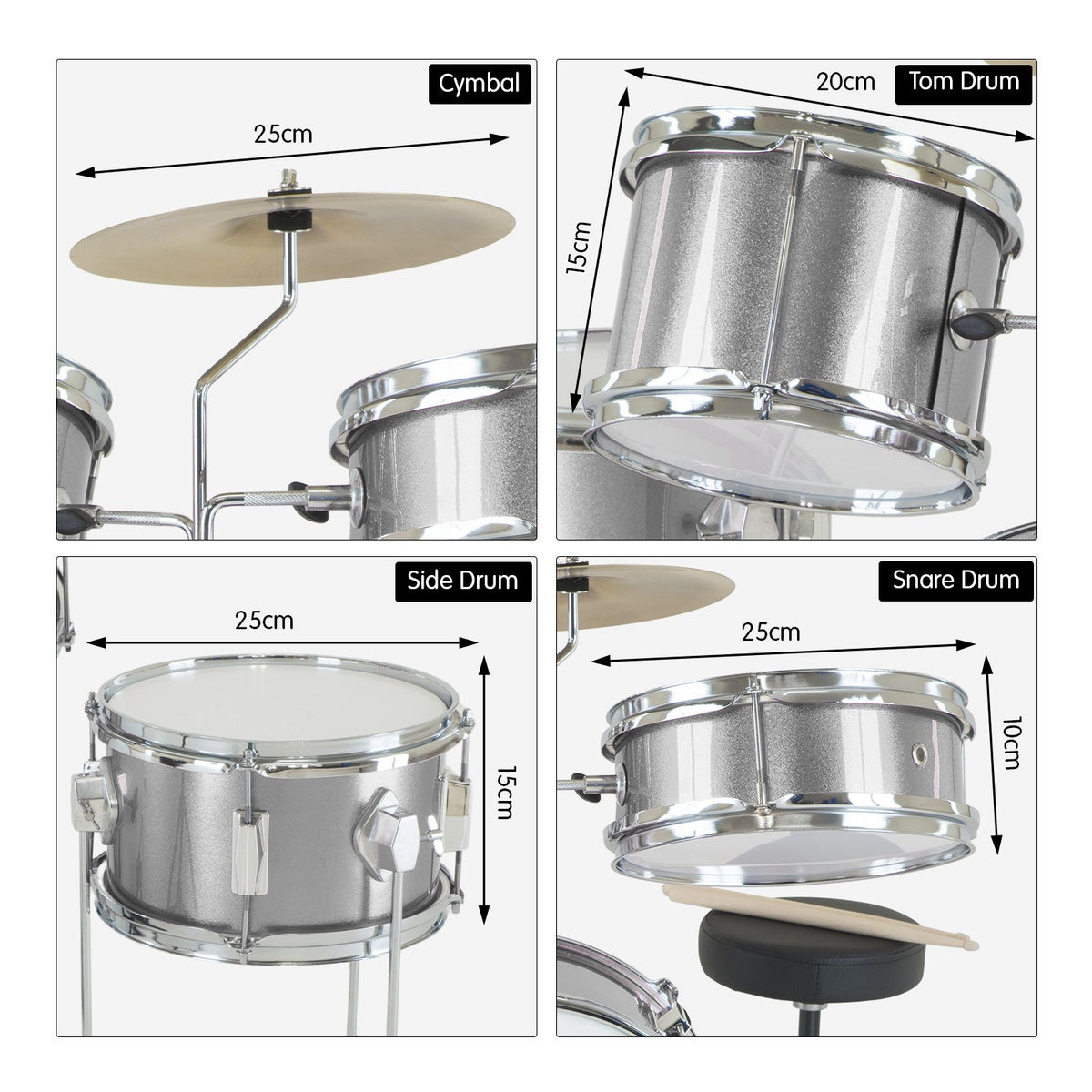 Karrera Children's 4-Piece Drum Kit | Silver | Kids Musical Instrument Set