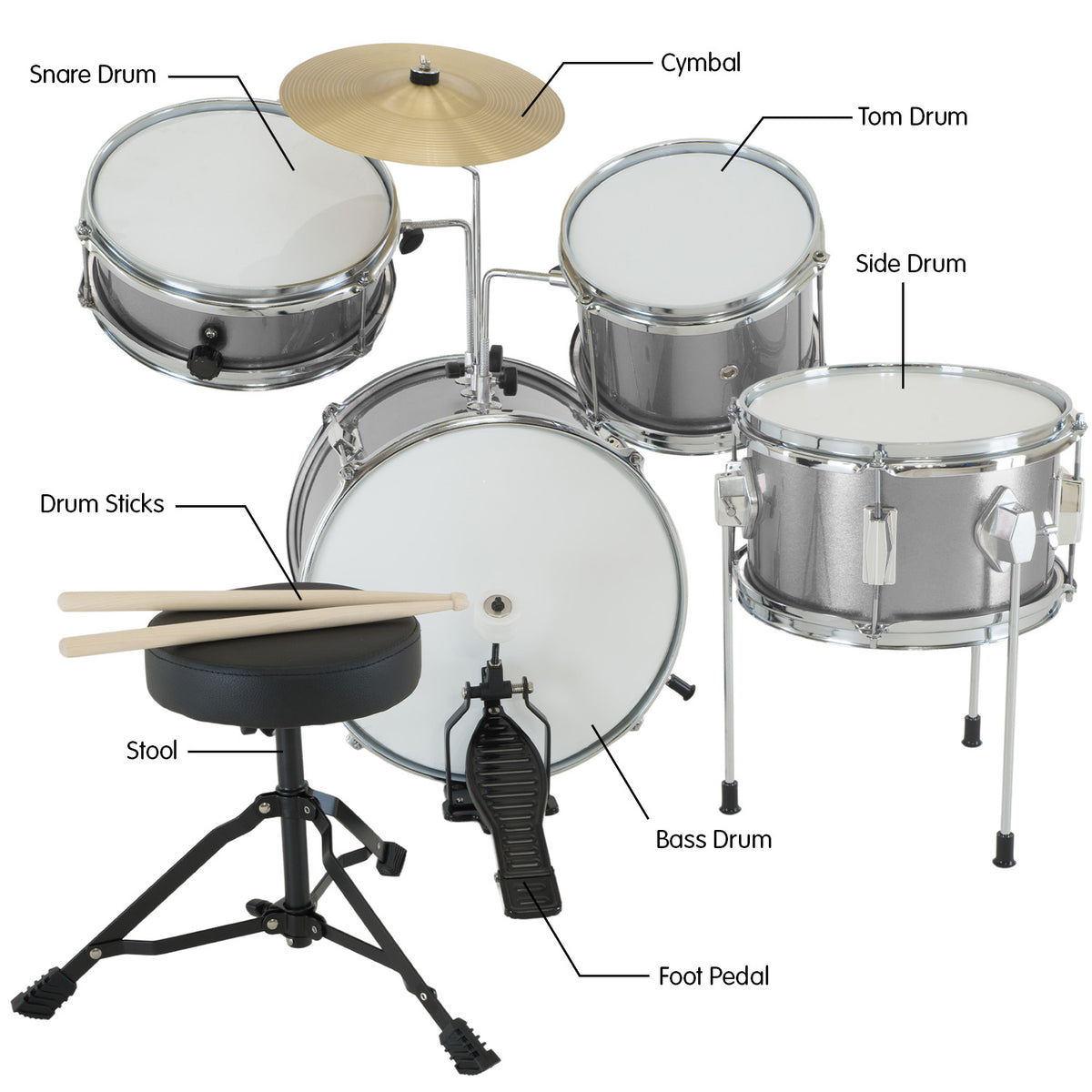 Karrera Children's 4-Piece Drum Kit | Silver | Kids Musical Instrument Set
