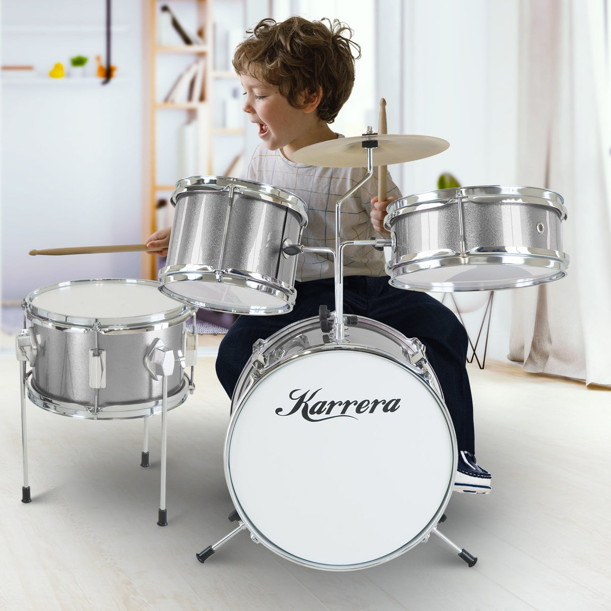 Karrera Children's 4-Piece Drum Kit | Silver | Kids Musical Instrument Set