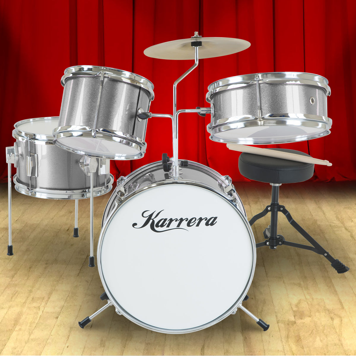 Karrera Children's 4-Piece Drum Kit | Silver | Kids Musical Instrument Set