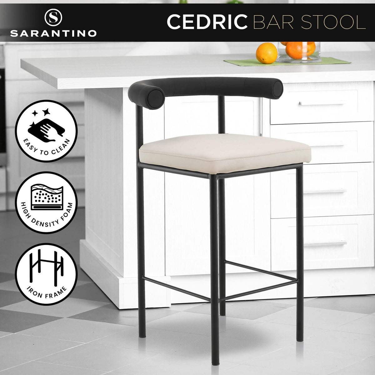 Sarantino Cedric Bar Stool | High-Density Foam Upholstered in PU Leather | Sturdy Iron Frame | Black & Beige