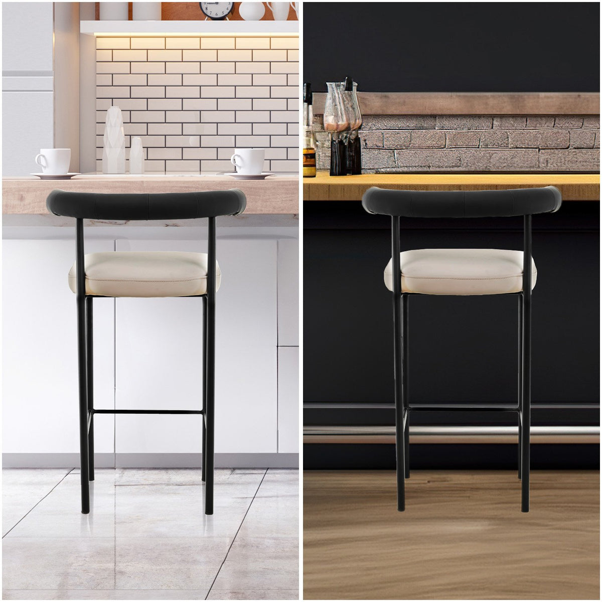 Sarantino Cedric Bar Stool | High-Density Foam Upholstered in PU Leather | Sturdy Iron Frame | Black & Beige
