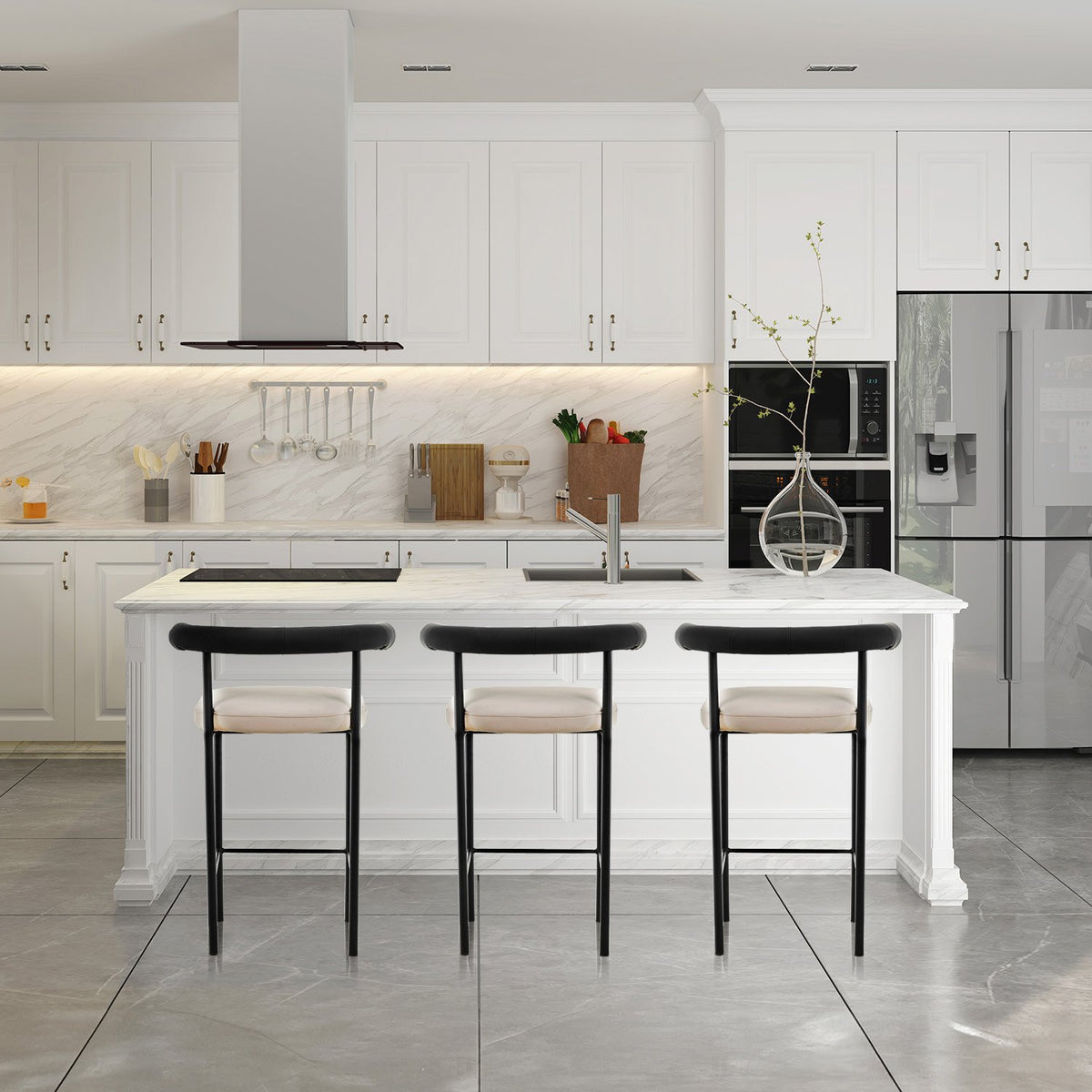 Sarantino Cedric Bar Stool | High-Density Foam Upholstered in PU Leather | Sturdy Iron Frame | Black & Beige