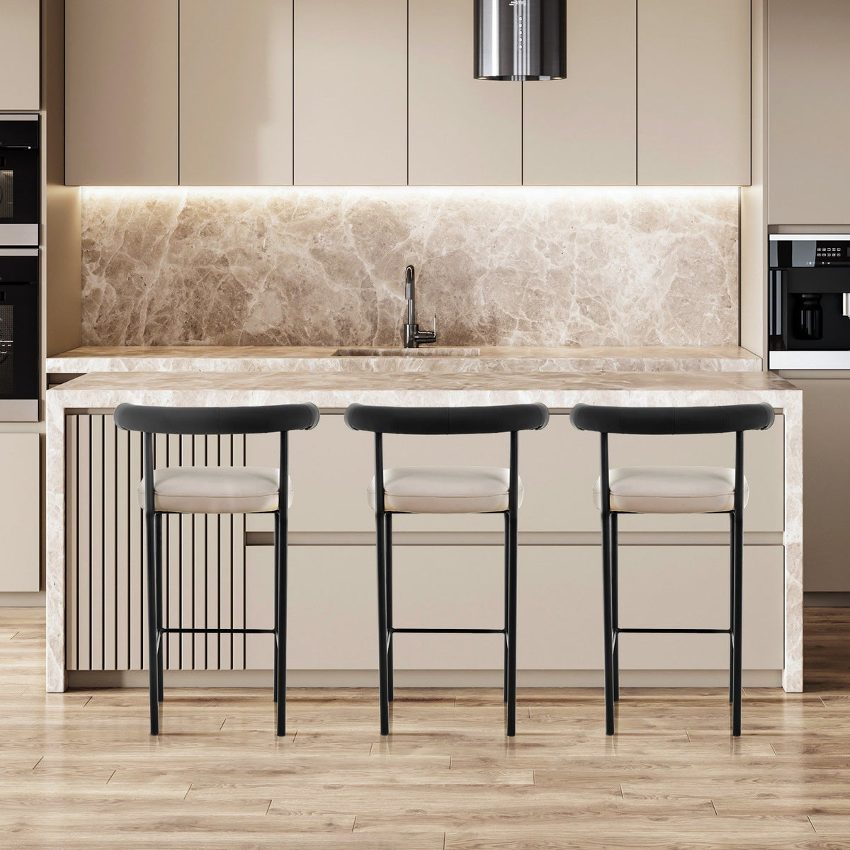 Sarantino Cedric Bar Stool | High-Density Foam Upholstered in PU Leather | Sturdy Iron Frame | Black & Beige