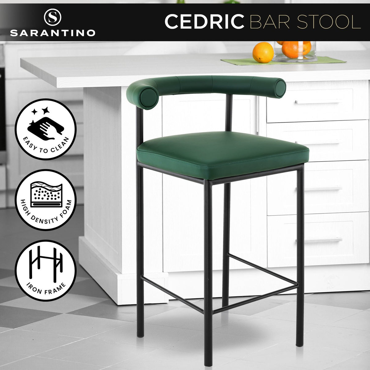 Sarantino Cedric Bar Stool | High-Density Foam Upholstered in PU Leather | Sturdy Iron Frame | Green