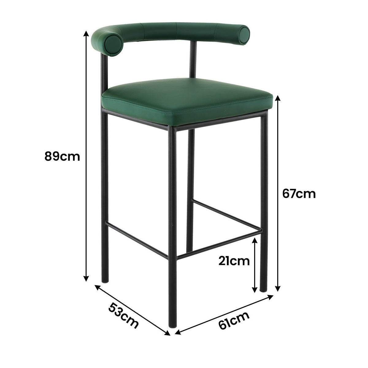 Sarantino Cedric Bar Stool | High-Density Foam Upholstered in PU Leather | Sturdy Iron Frame | Green