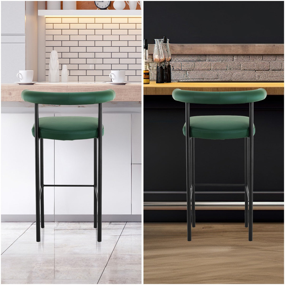 Sarantino Cedric Bar Stool | High-Density Foam Upholstered in PU Leather | Sturdy Iron Frame | Green