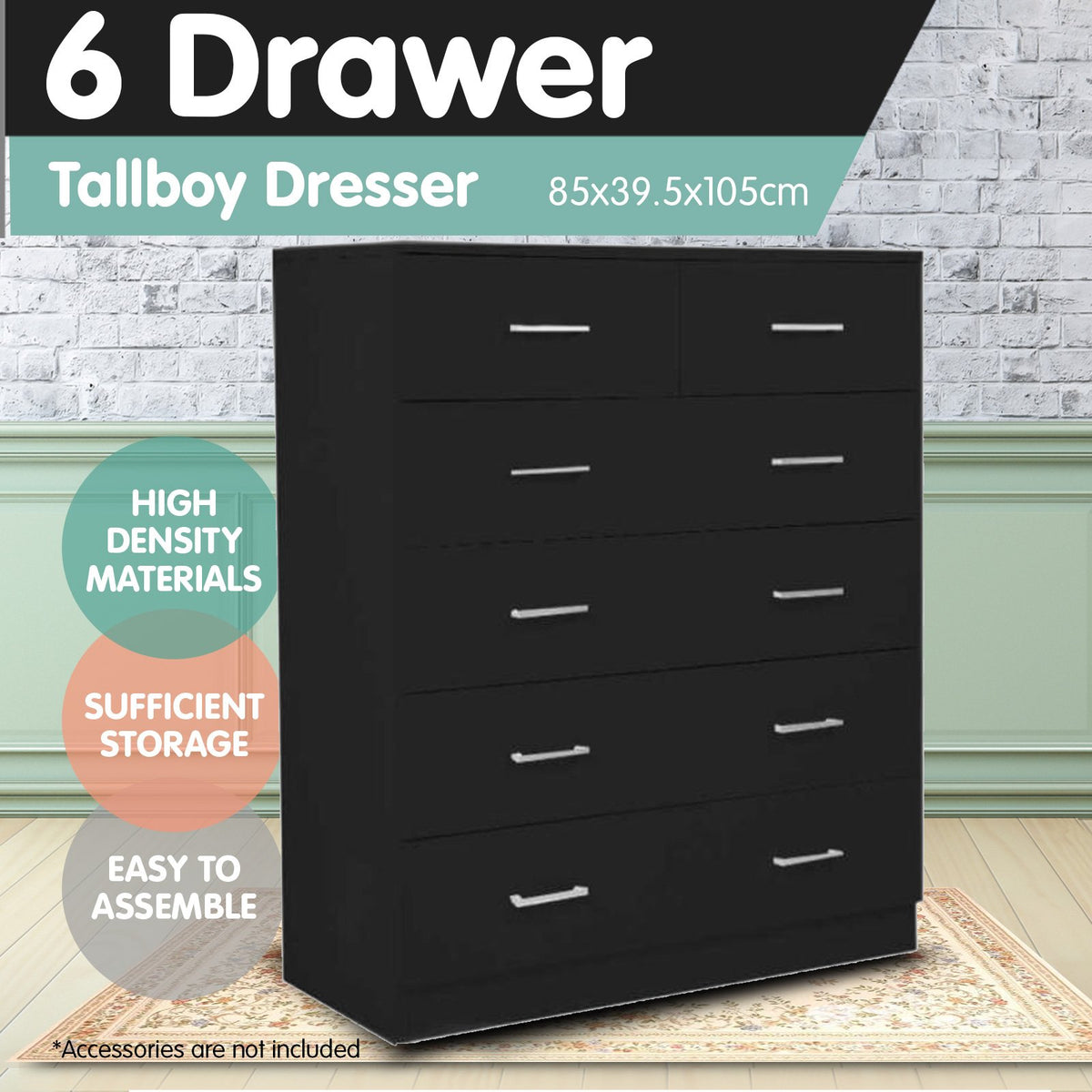 Tallboy Dresser | 6 Chest of Drawers | Table Cabinet | Bedroom Storage | Black