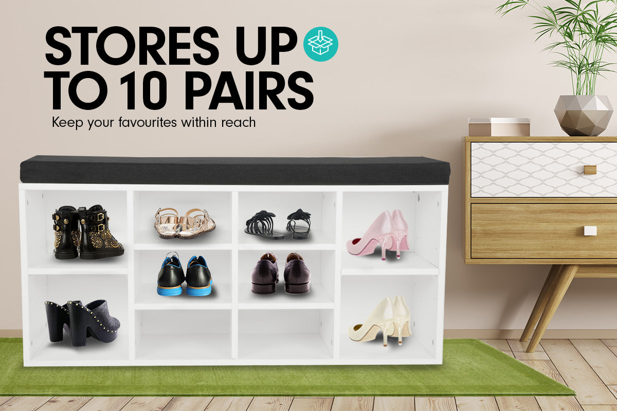 New 10 Pairs Shoe Cabinet Rack | Storage Organiser Shelf | Stool Bench Wood | White