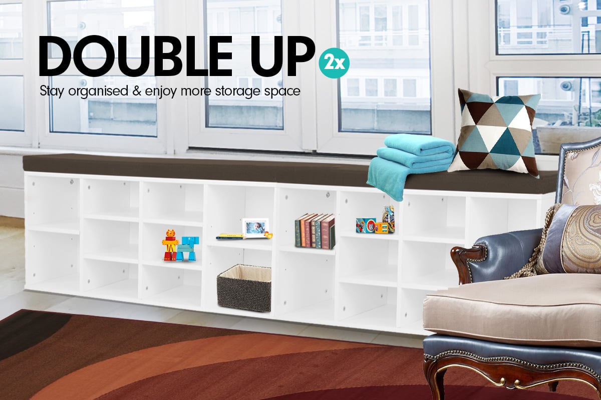 Shoe Rack Cabinet Organiser | Brown Cushion Bench Stool | 104 x 30 x 45 | White