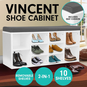Shoe Rack Cabinet Organiser | Grey Cushion Stool Bench Ottoman | 104 x 30 x 45 | White