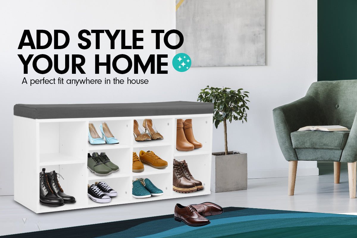 Shoe Rack Cabinet Organiser | Grey Cushion Stool Bench Ottoman | 104 x 30 x 45 | White