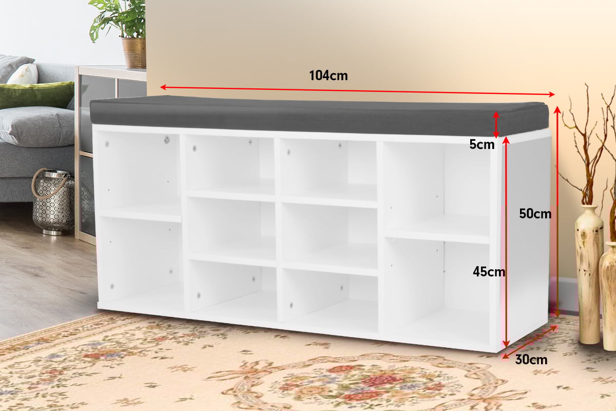 Shoe Rack Cabinet Organiser | Grey Cushion Stool Bench Ottoman | 104 x 30 x 45 | White