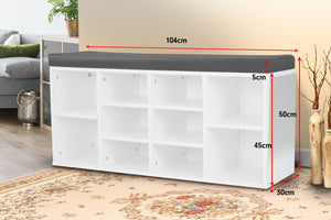 Shoe Rack Cabinet Organiser | Grey Cushion Stool Bench Ottoman | 104 x 30 x 45 | White