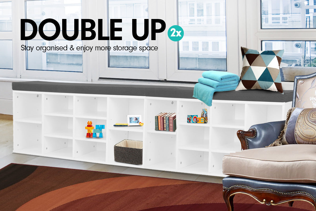 Shoe Rack Cabinet Organiser | Grey Cushion Stool Bench Ottoman | 104 x 30 x 45 | White